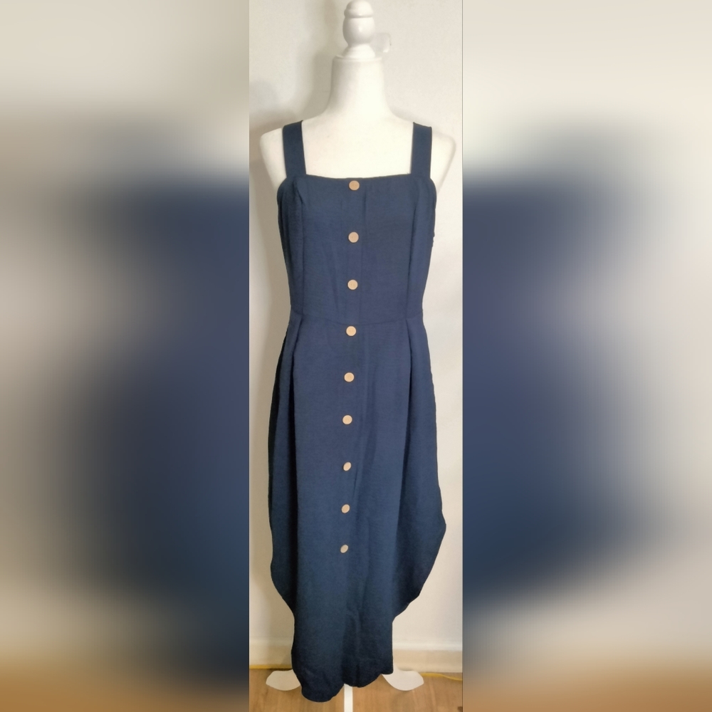 Navy Blue Square Neck Sleeveless Midi Dress